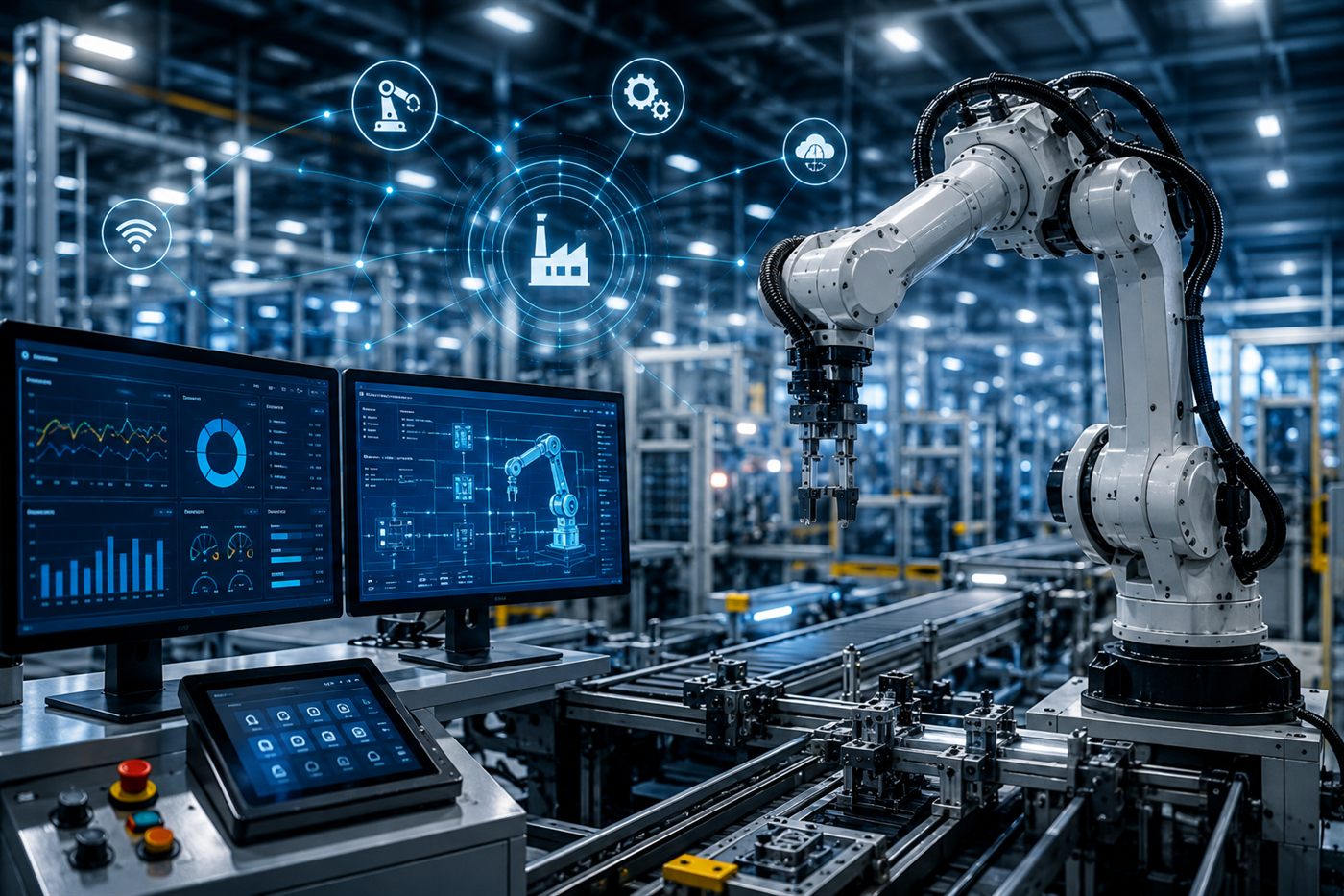 An automated manufacturing line combining robotics, conveyors, sensors and control cabinets.