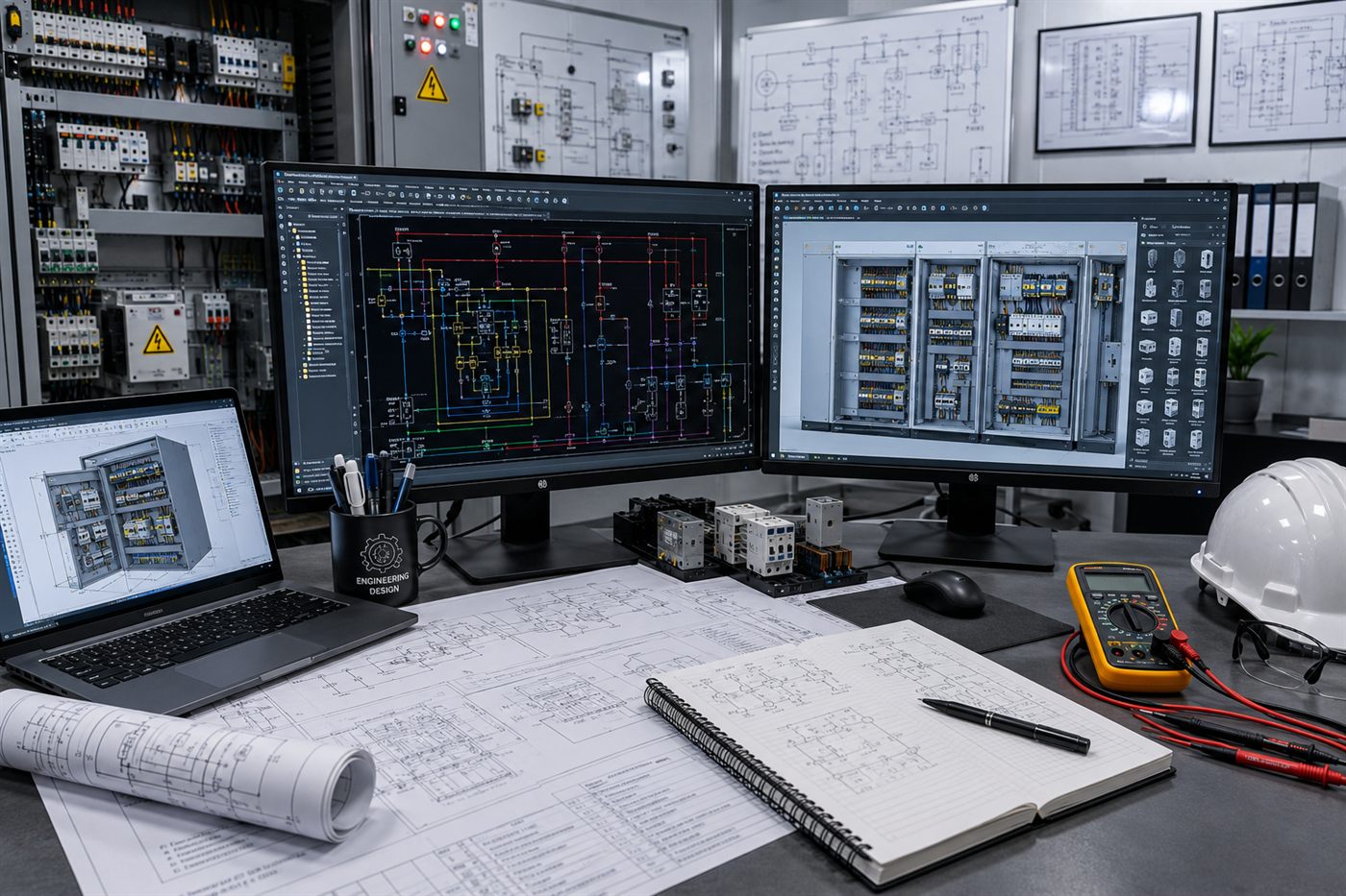 An open control panel showing DIN-rail mounted breakers, terminal blocks and wiring looms during build.