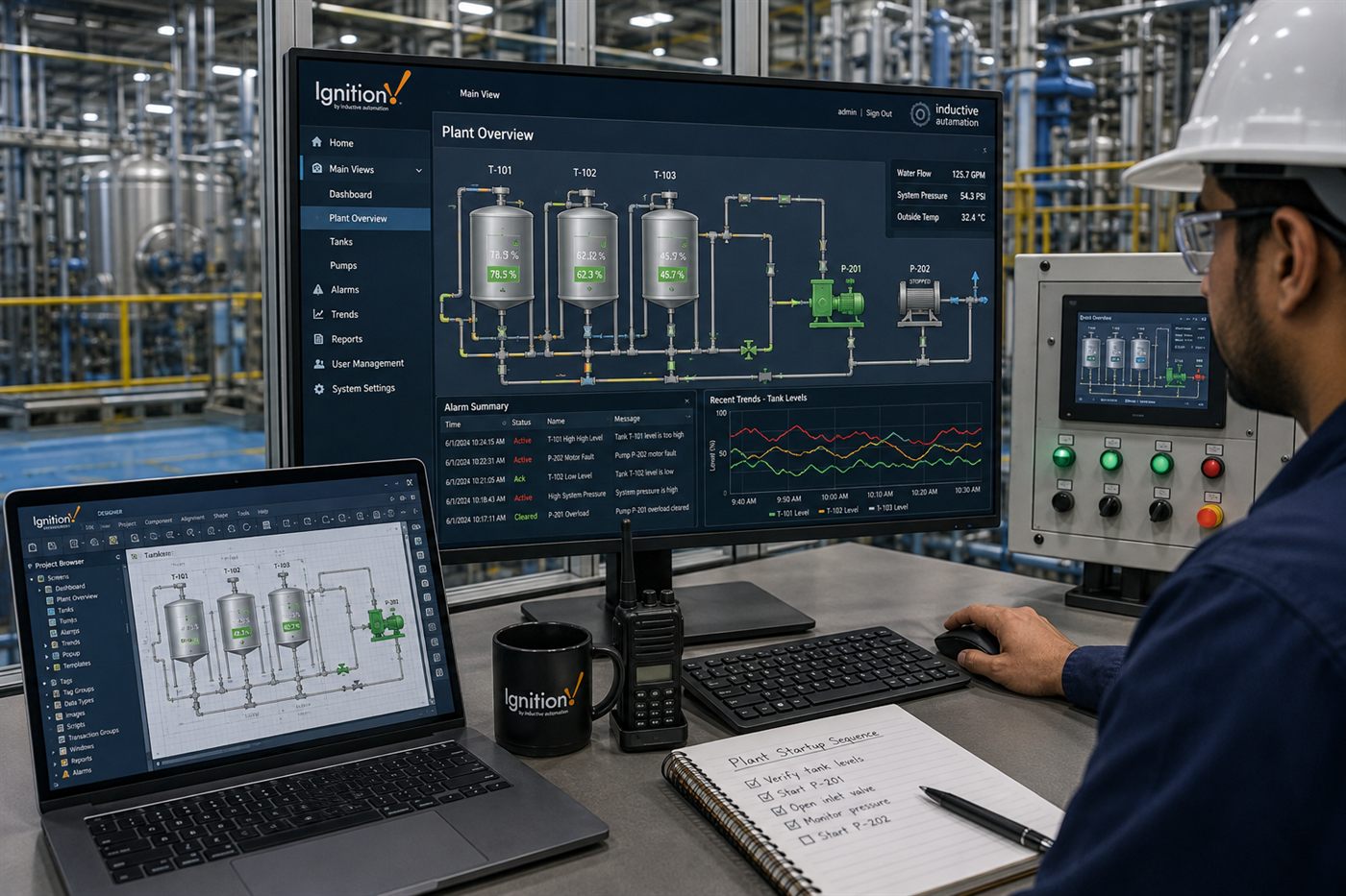SCADA screens showing plant overview mimics, trends and alarm summaries on operator workstations.