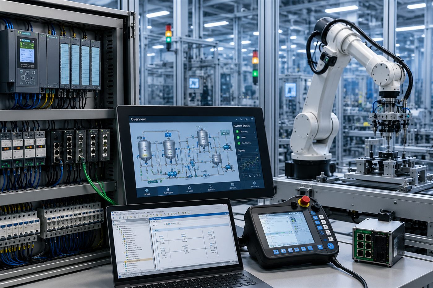 A control cabinet of PLC modules and breakers beside an HMI panel, a laptop showing ladder logic, a robot teach pendant and a six-axis robot cell.