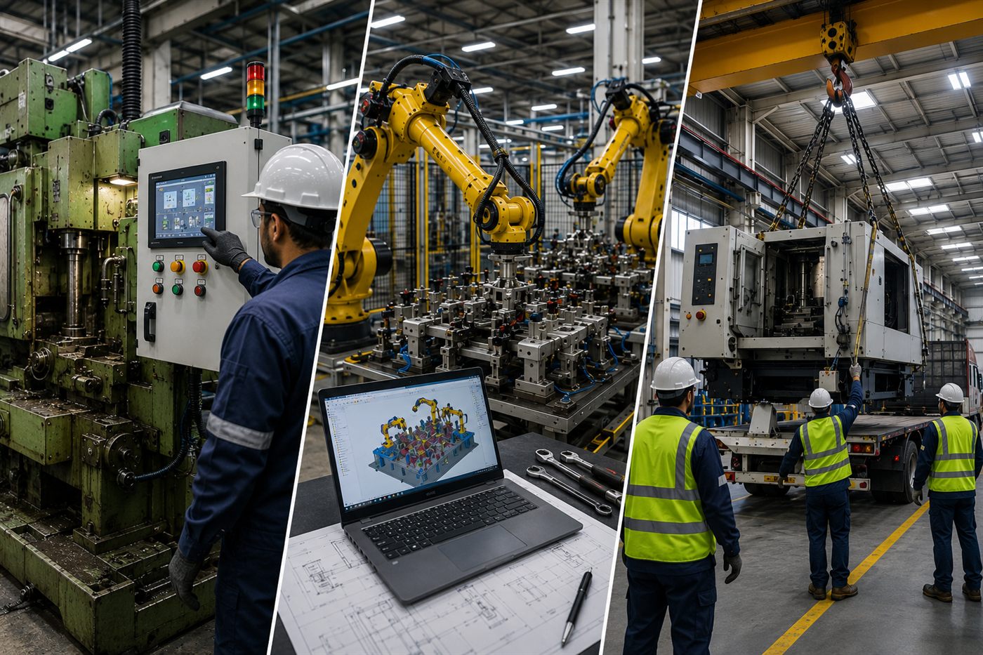 An existing production line part-way through a controls retrofit, with new cabinets and cabling alongside legacy equipment.