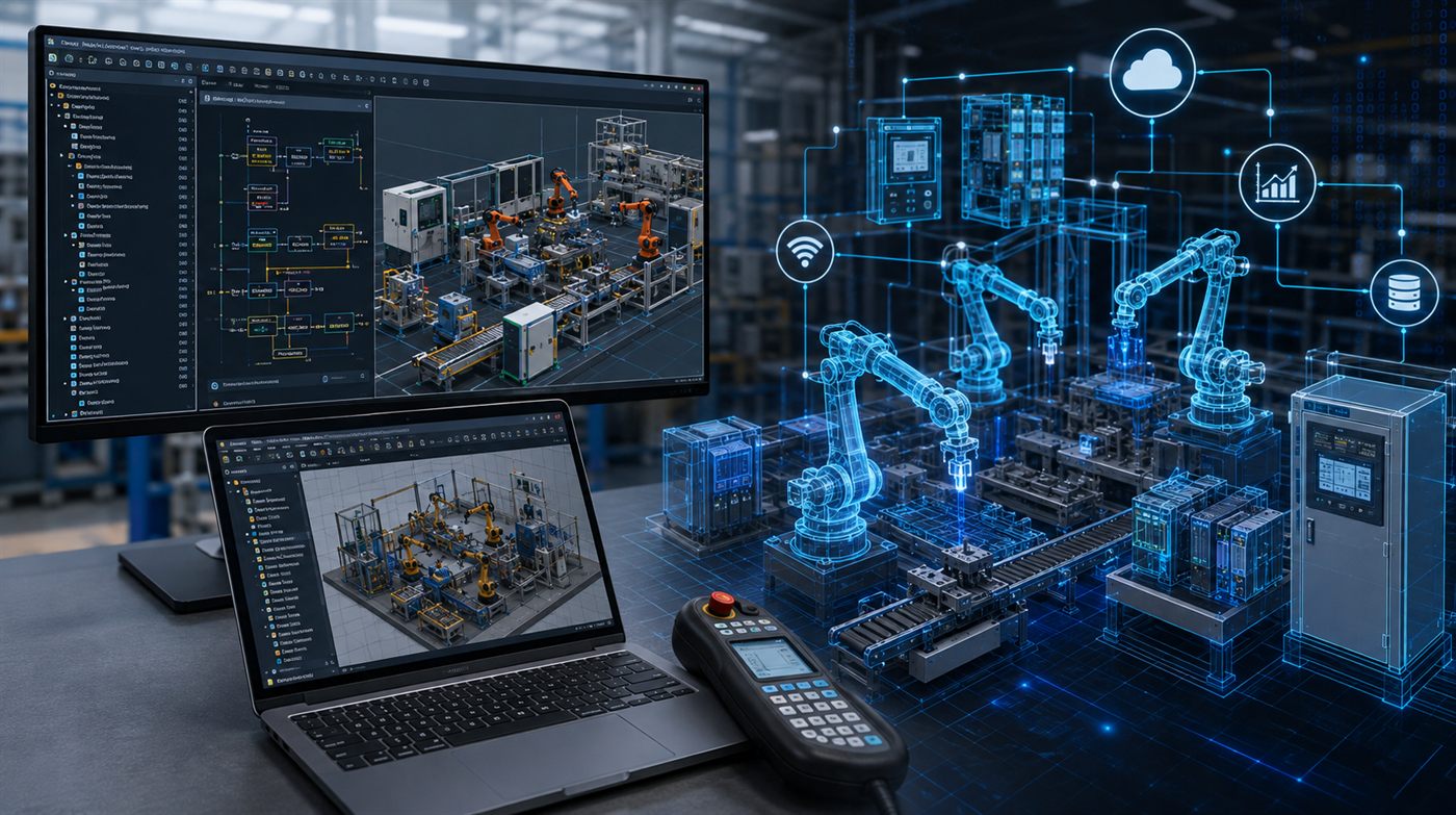 A digital twin simulation of a production cell running on screen next to the physical equipment it models.